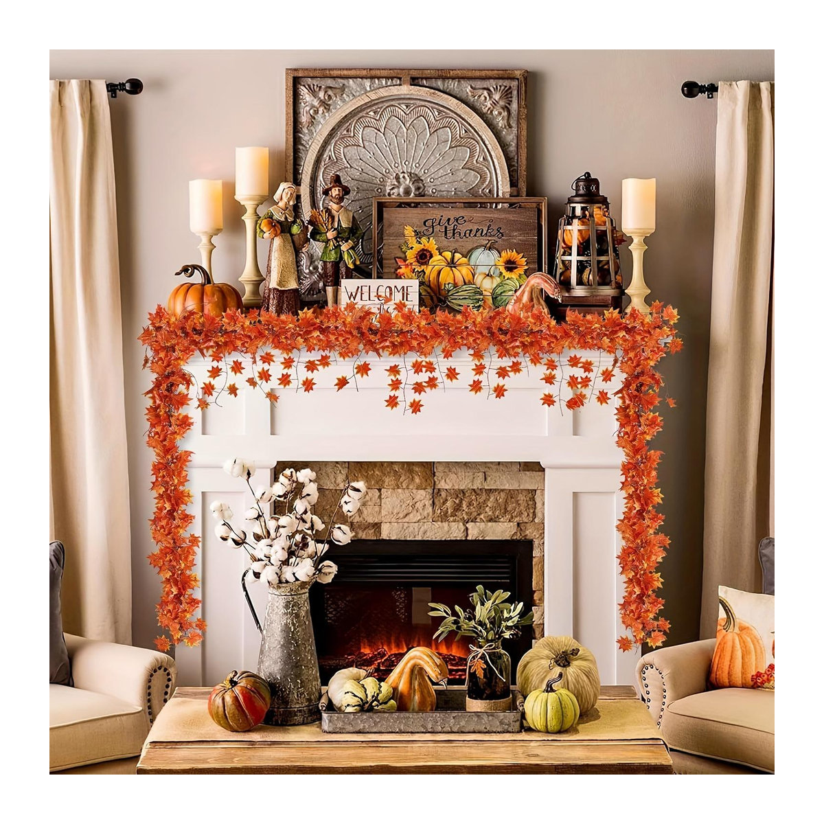 Hängender Herbstlaubkranz von ouyaohong mit künstlichen Ahornblättern aus Polyester für Erntedankfest, Halloween und Weihnachten - Bild 4