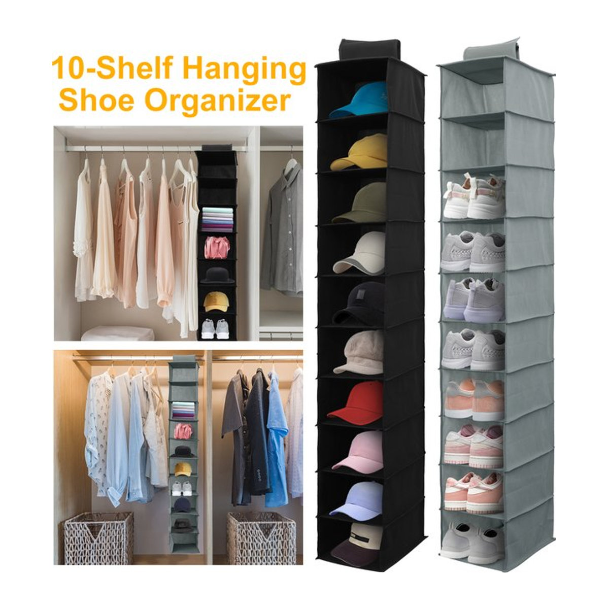 Hängender Schuh-Organizer aus Vliesstoff mit 10 Regalen, faltbares und platzsparendes Schuhregal, Grau, B/T/H: 120 x 30 x 15 cm - Bild 1