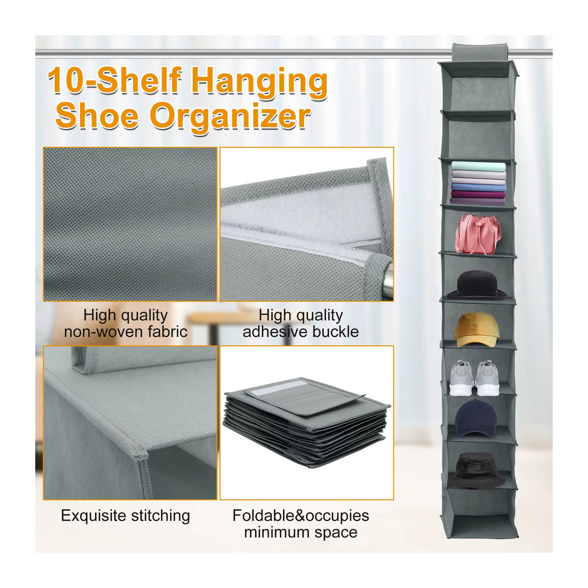 Hängender Schuh-Organizer aus Vliesstoff mit 10 Regalen, faltbares und platzsparendes Schuhregal, Grau, B/T/H: 120 x 30 x 15 cm - Bild 3