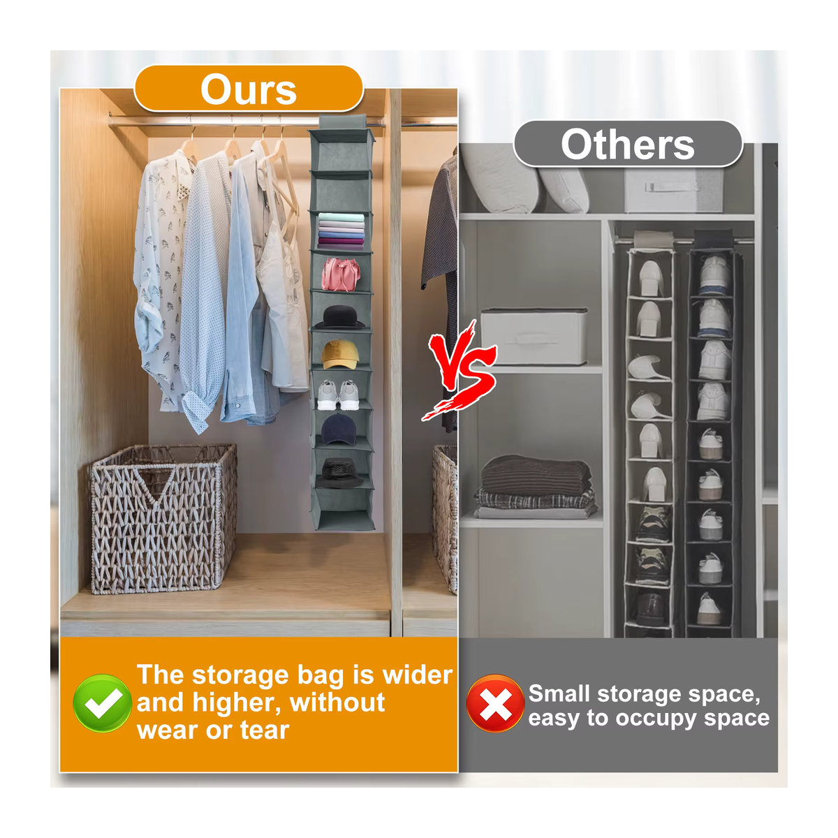 Hängender Schuh-Organizer aus Vliesstoff mit 10 Regalen, faltbares und platzsparendes Schuhregal, Grau, B/T/H: 120 x 30 x 15 cm - Bild 4