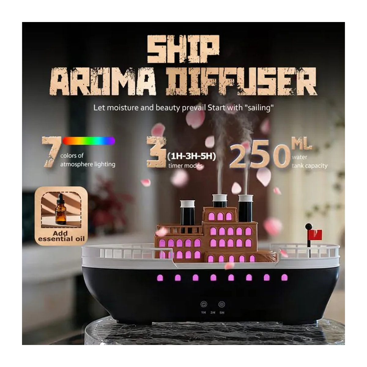 HAOYUNMA Vintage Schiffs-Luftbefeuchter in Schwarz mit farbiger Flammen-Nachtbeleuchtung und leisem Nebel als ätherisches Öl Diffusor - Bild 1