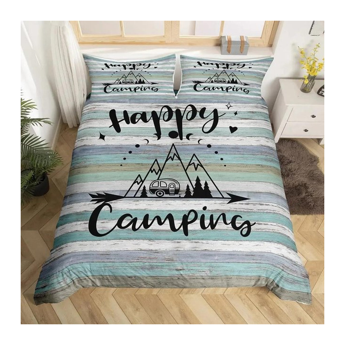 Happy Camping Bettwäscheset Vintage Alte Scheunentür im Bauernhausstil, Bettbezug und Bettlaken, Größe: 140 x 210 cm - Bild 1