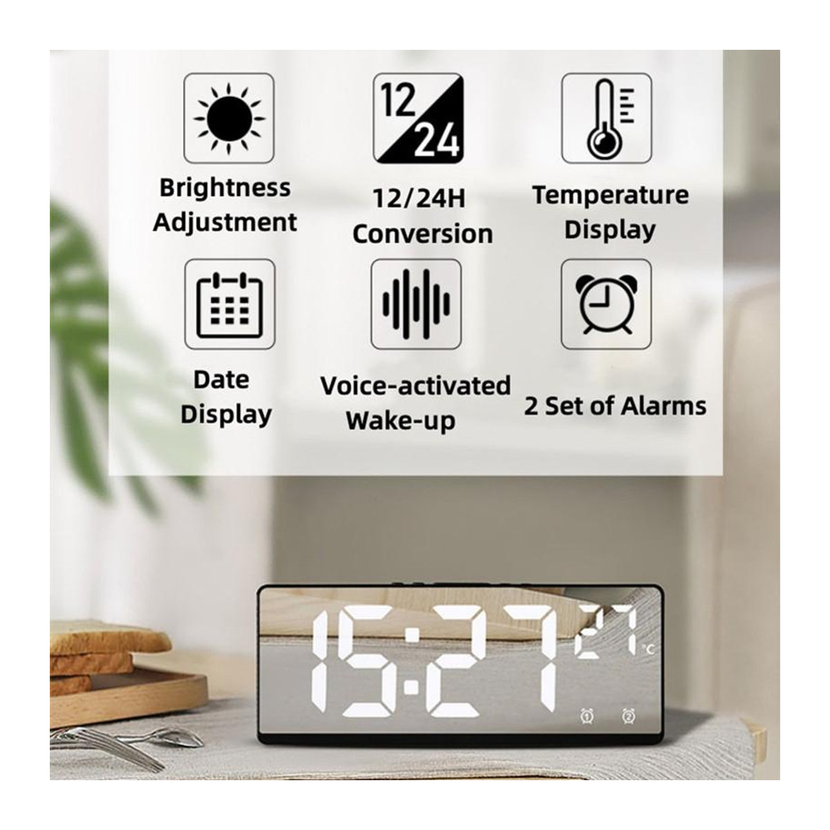 Happy NieNie Digitaler Spiegel Wecker mit Sprachsteuerung und Temperaturanzeige, LED Tischuhr mit Nachtmodus und Dual Alarm in Blau - Bild 7