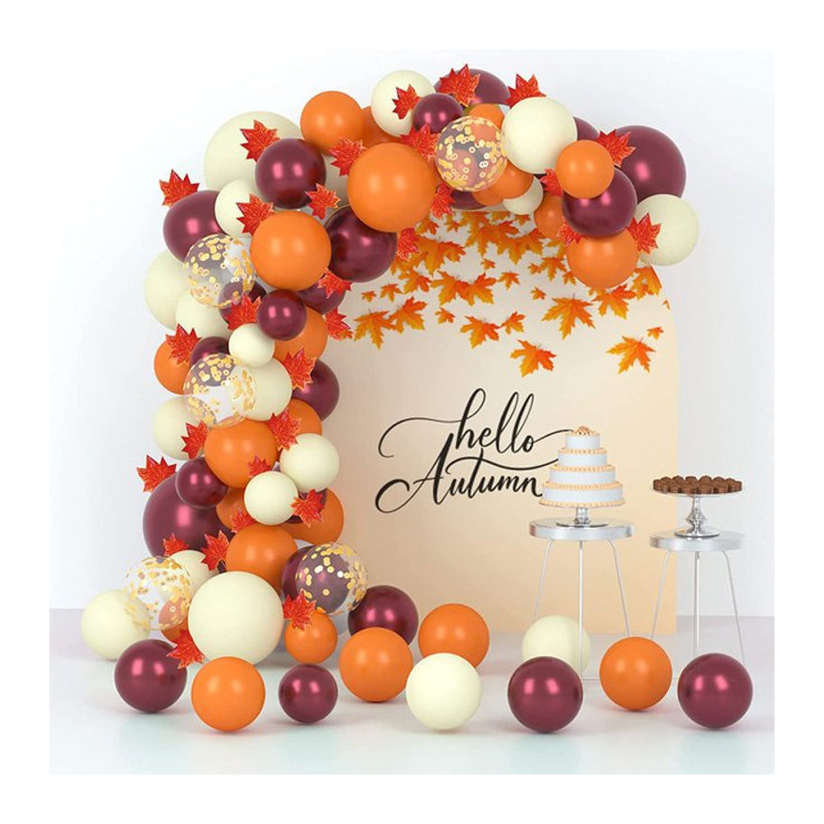 Happy Thanksgiving Ballonbogen Set für Indoor und Outdoor Dekoration in Braun, Rot und Orange mit Herbstblättern und rustikalem Design - Bild 1