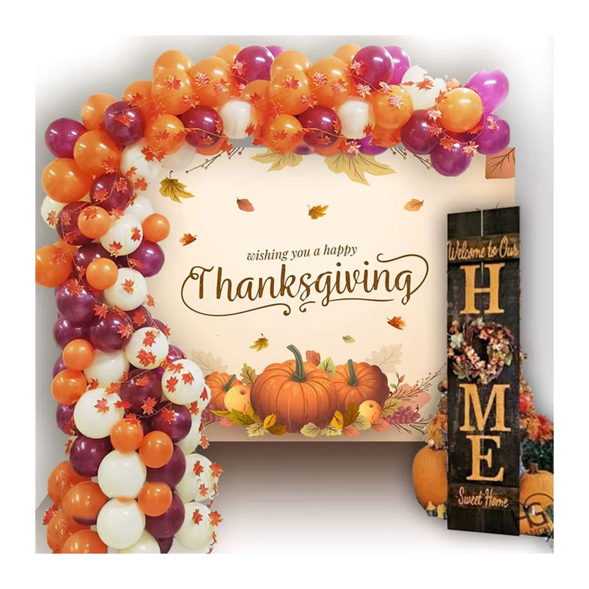 Happy Thanksgiving Ballonbogen Set für Indoor und Outdoor Dekoration in Braun, Rot und Orange mit Herbstblättern und rustikalem Design - Bild 5