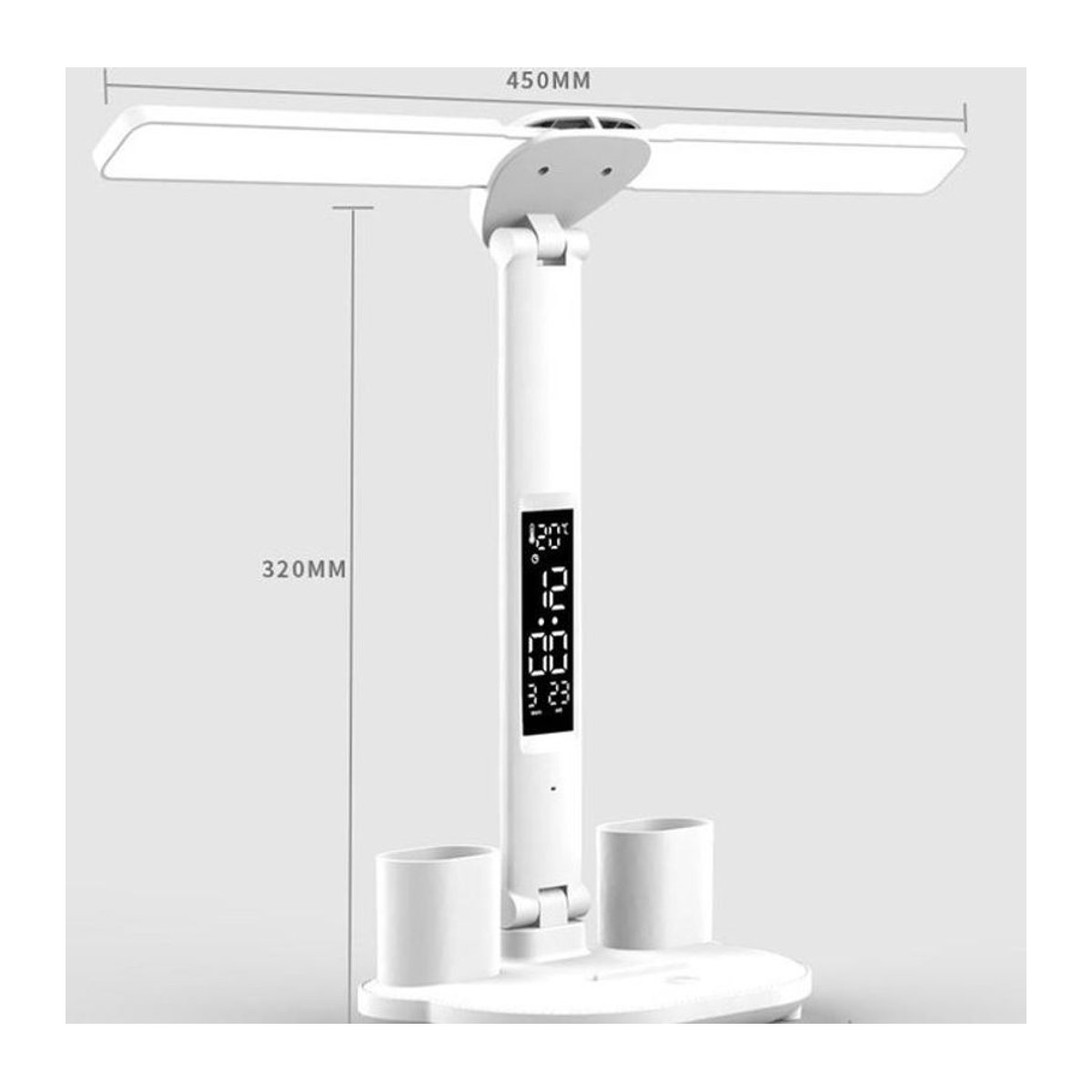 Happy6 LED-Schreibtischlampe in Weiß mit Kalender, Temperaturuhr und Touch-Dimmung, faltbare USB-Tischlampe für Studium und Lesen - Bild 1