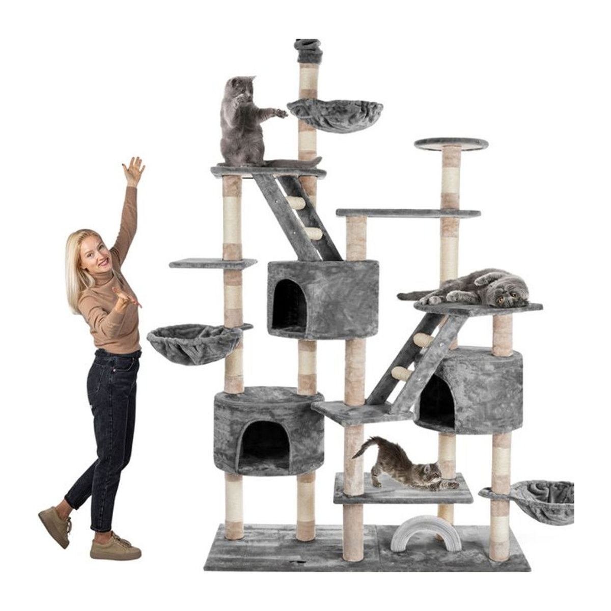 HAPPYPET Kratzbaum SAM Deckenhoch XXL Katzenbaum mit Häusern und Liegemulden Grau Höhe: 260 cm - Bild 1