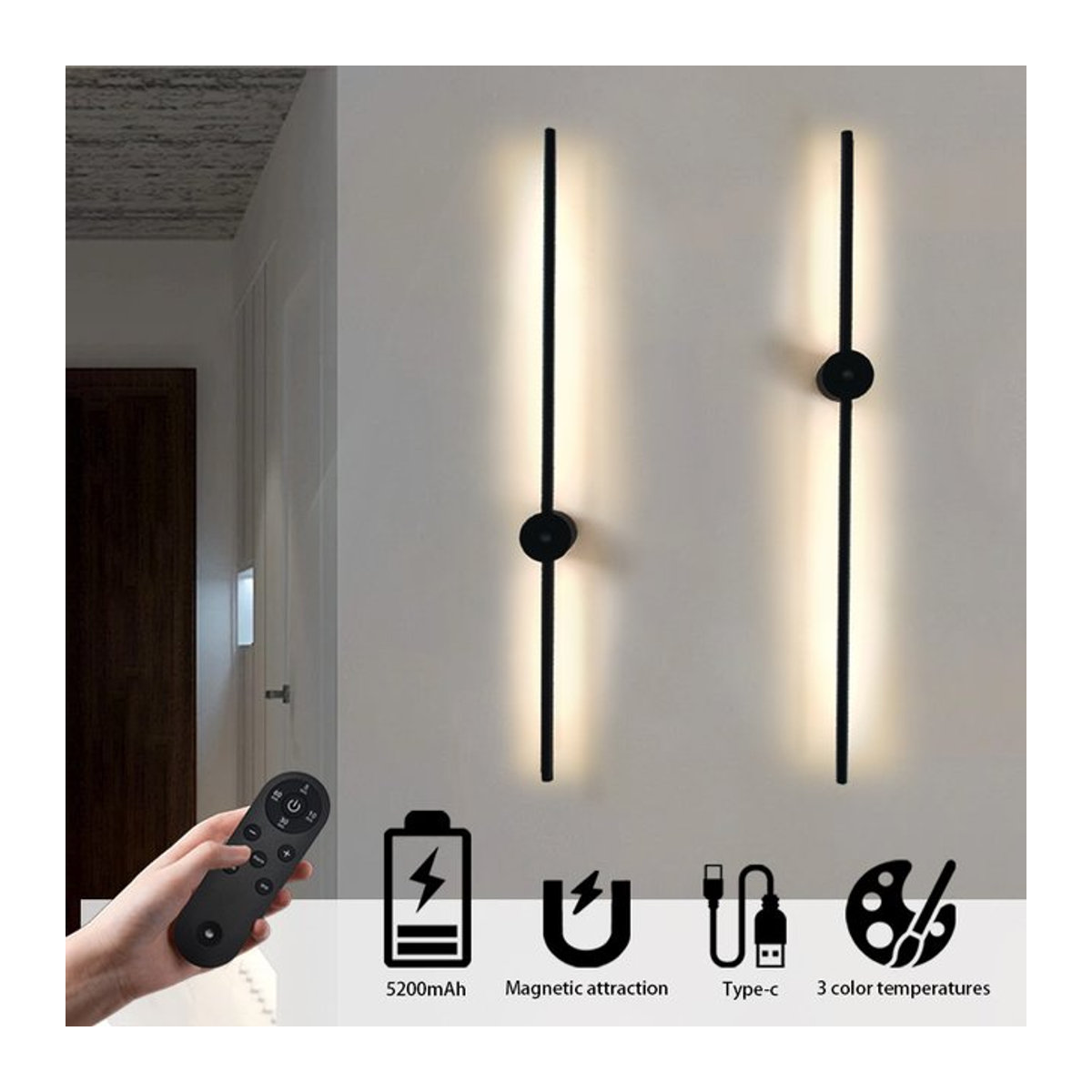Hattery LED-Fernwandleuchte Powered Touch in Schwarz mit dreifarbiger Dimmung und 5200 mAh Akku - Bild 1