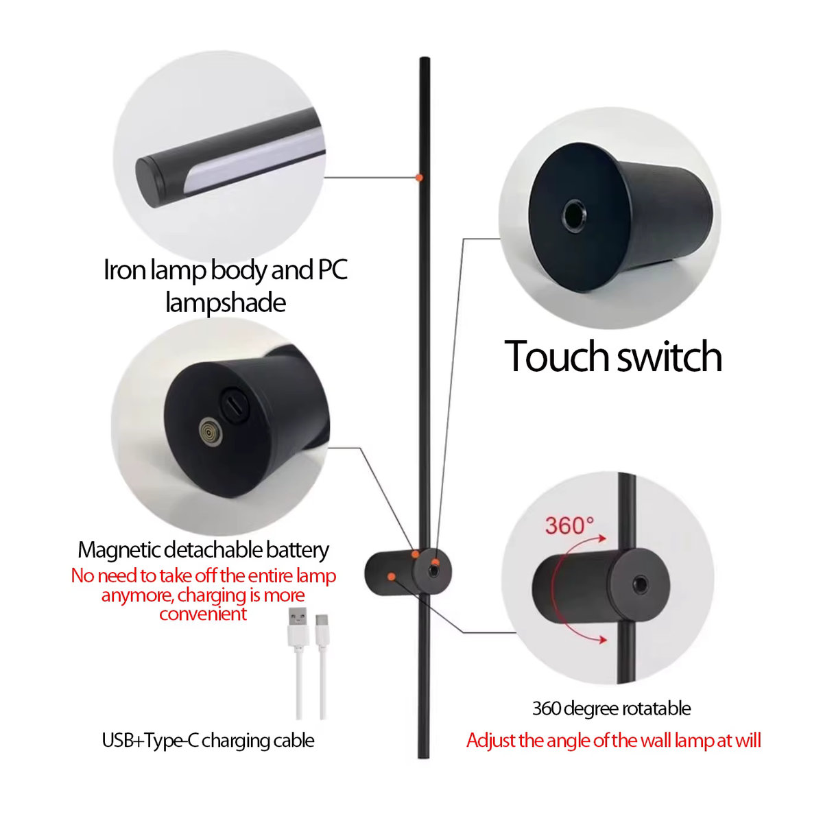 Hattery LED-Fernwandleuchte Powered Touch in Schwarz mit dreifarbiger Dimmung und 5200 mAh Akku - Bild 4