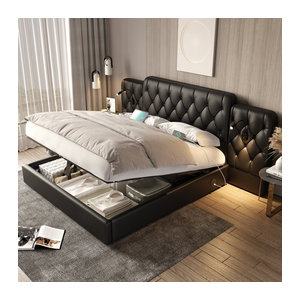 HAUSS Spole Polsterbett mit Stauraum, LED-Leselicht und USB-Anschlüssen aus Kunstleder, Schwarz, B: 160 cm, T: 200 cm