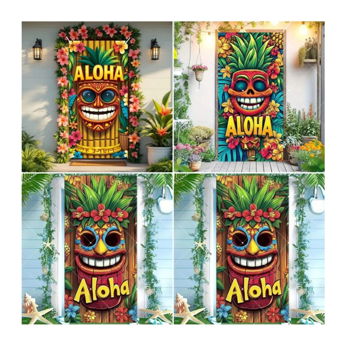 Hawaiianische Aloha Türdekoration mit tropischen Blumen und Tiki-Motiven für deine Sommerparty, multicolor, B/H: 120 x 60 cm - Bild 1