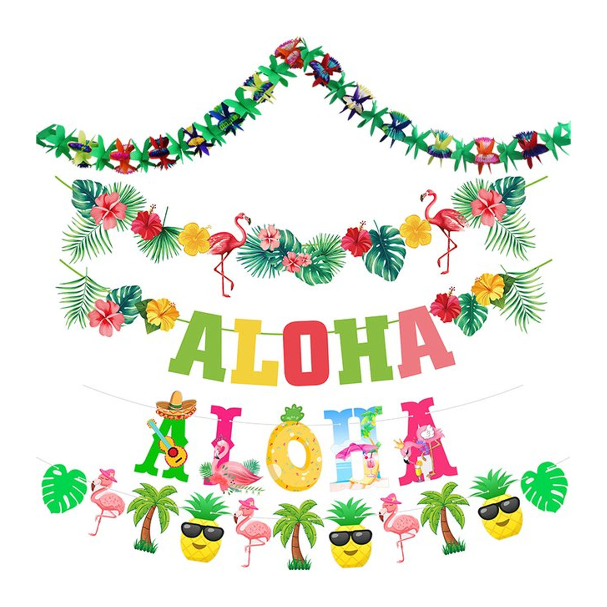 Hawaiianisches Aloha Luau Party-Banner mit tropischen Palmenblättern, Blumen und Flamingos als mehrfarbige Papier-Girlande für deinen Geburtstag oder Strandpartys - Bild 1