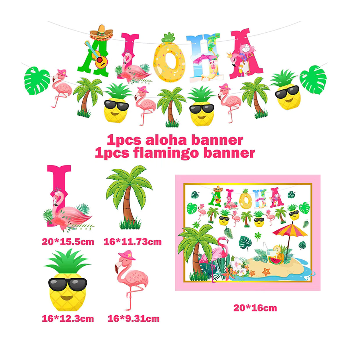 Hawaiianisches Aloha Luau Party-Banner mit tropischen Palmenblättern, Blumen und Flamingos als mehrfarbige Papier-Girlande für deinen Geburtstag oder Strandpartys - Bild 2