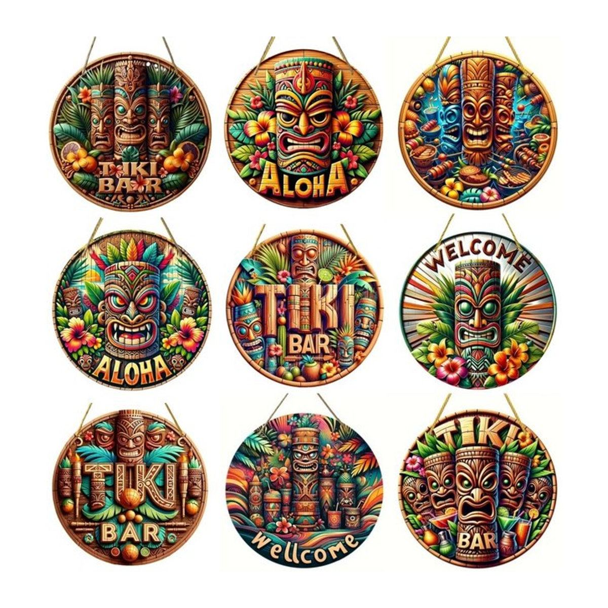 Hawaiianisches Tiki-Masken-Bar-Schild aus Holz, runde Kunstdekoration in Multicolor zum Aufhängen - Bild 1