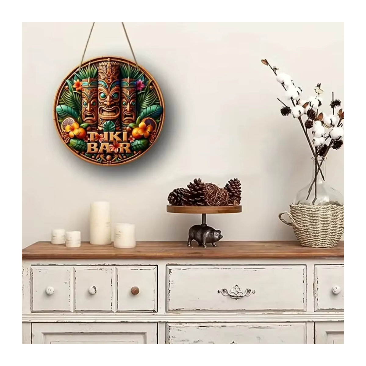 Hawaiianisches Tiki-Masken-Bar-Schild aus Holz, runde Kunstdekoration in Multicolor zum Aufhängen - Bild 2