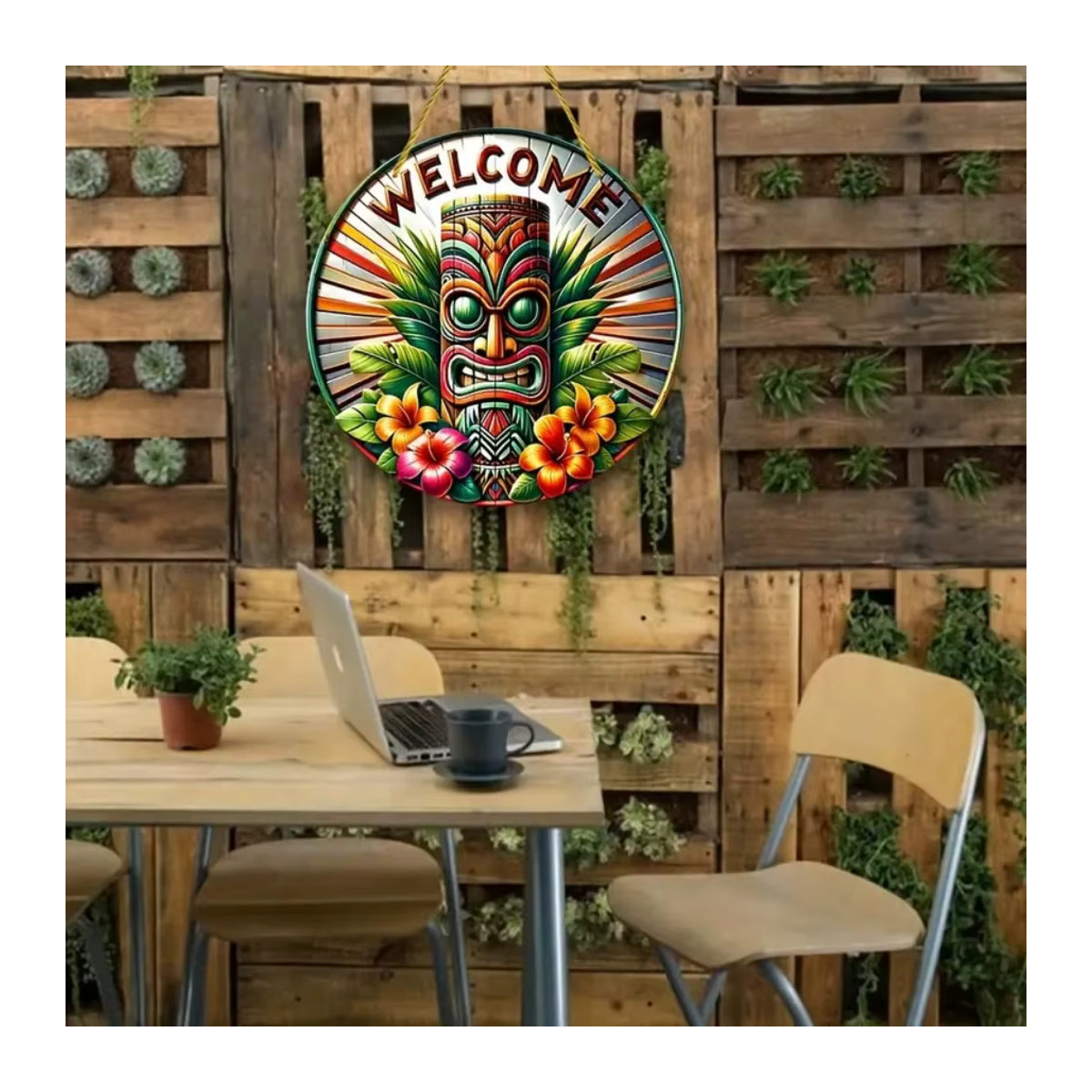 Hawaiianisches Tiki-Masken-Bar-Schild aus Holz, runde Kunstdekoration in Multicolor zum Aufhängen - Bild 3