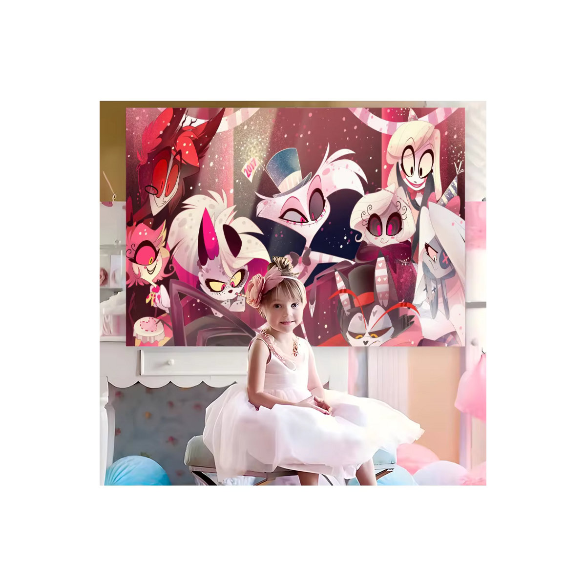 Hazbin Hotel Fotohintergrund mit floralem Design für Kindergeburtstage und Fotografie, mehrfarbig, B: 120 cm, H: 70 cm - Bild 7