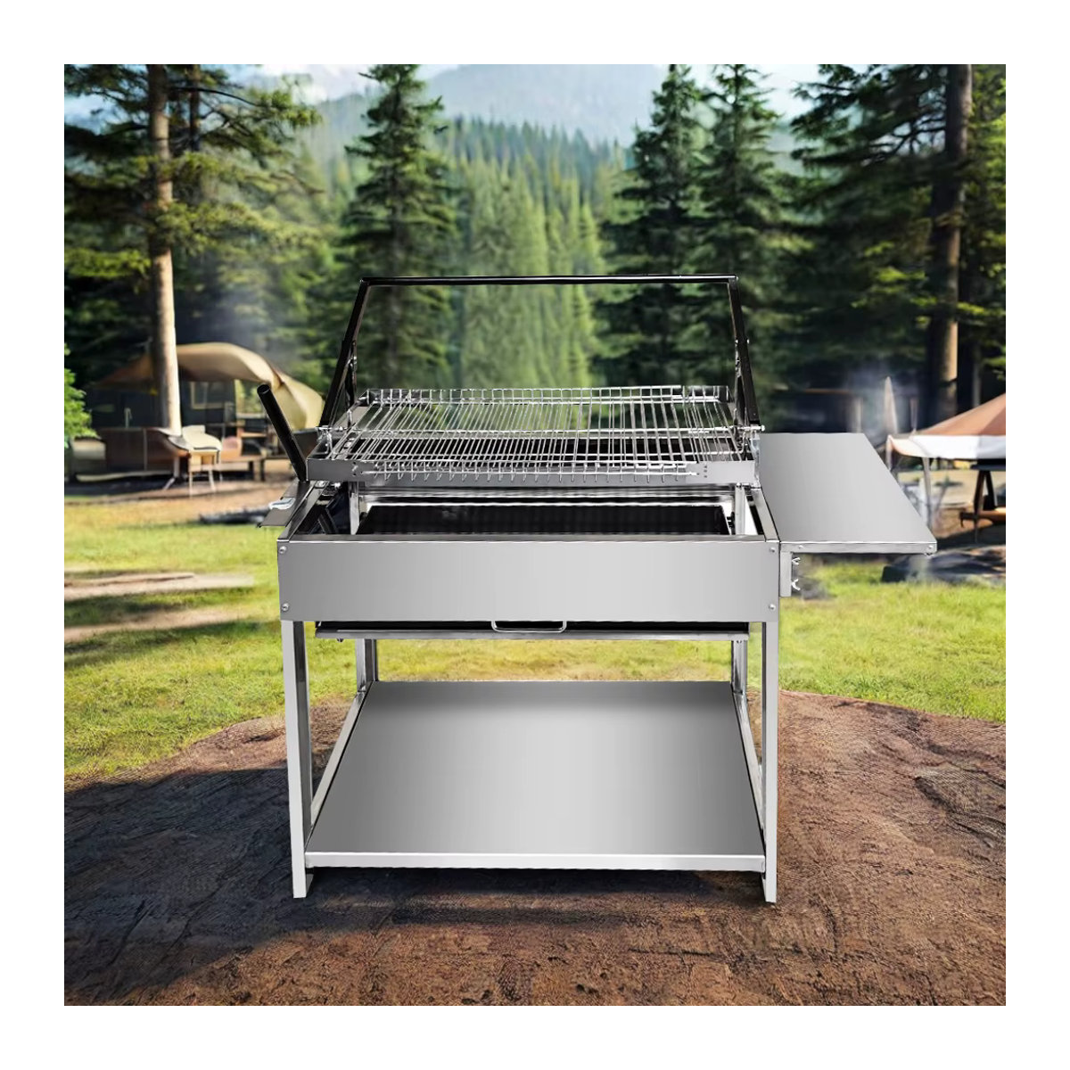 HDWYSY.COM Tragbarer Holzkohlegrill aus Edelstahl in Silber, 360 Grad drehbar und zusammenklappbar für Camping und Garten - Bild 2