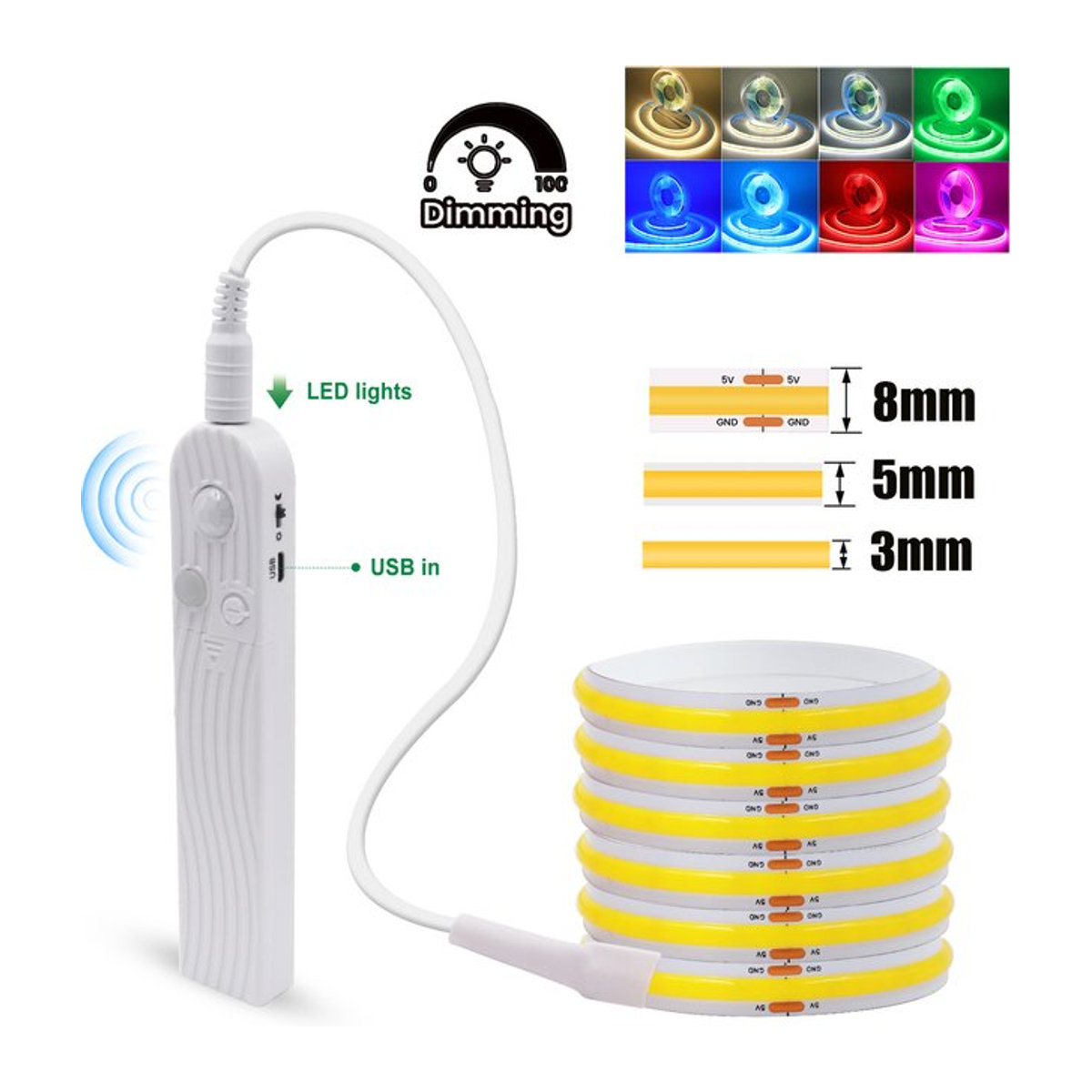 HEGEHE COB LED Bewegungsmelder Streifen als flexibles batteriebetriebenes Bandseil zur Schrankbeleuchtung in verschiedenen Farben und Breiten (3 mm, 5 mm, 8 mm) - Bild 1
