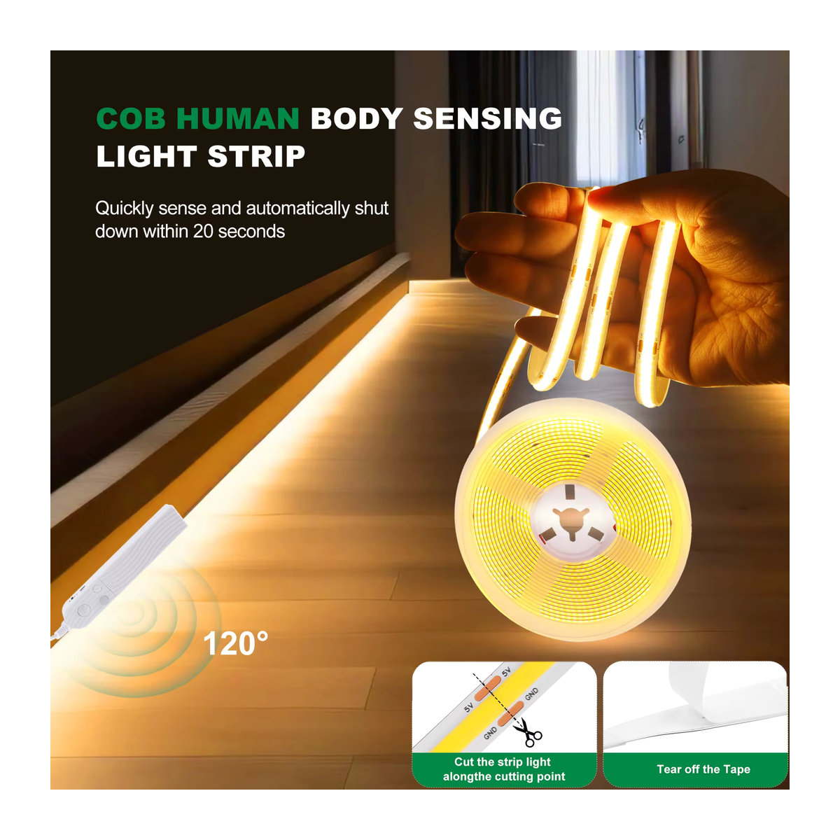 HEGEHE COB LED Bewegungsmelder Streifen als flexibles batteriebetriebenes Bandseil zur Schrankbeleuchtung in verschiedenen Farben und Breiten (3 mm, 5 mm, 8 mm) - Bild 2