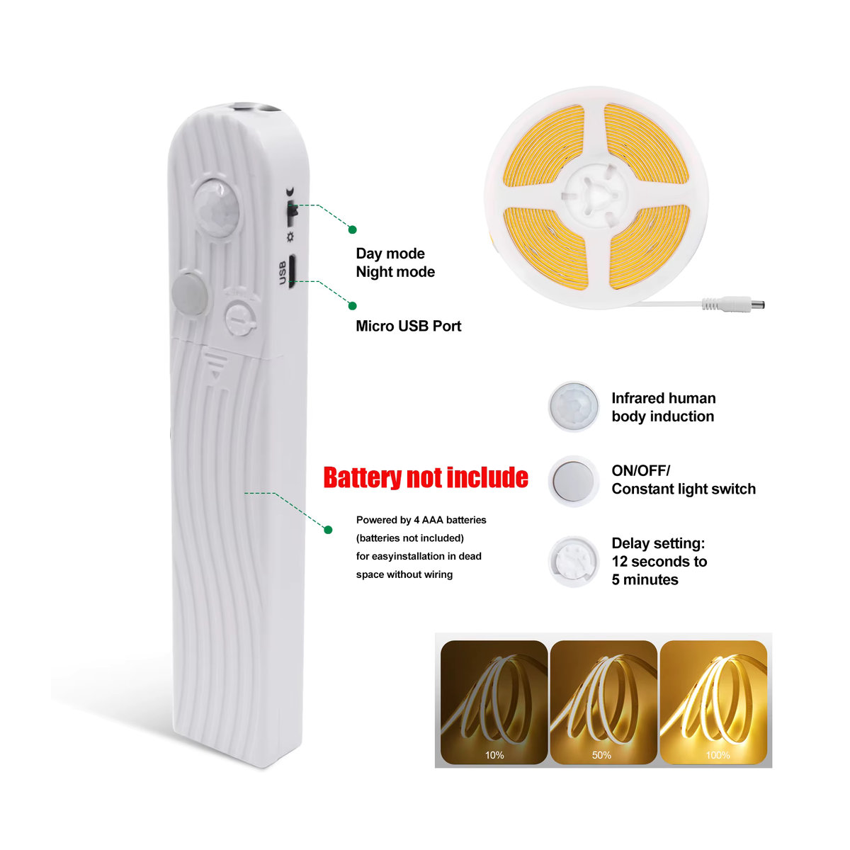 HEGEHE COB LED Bewegungsmelder Streifen als flexibles batteriebetriebenes Bandseil zur Schrankbeleuchtung in verschiedenen Farben und Breiten (3 mm, 5 mm, 8 mm) - Bild 6