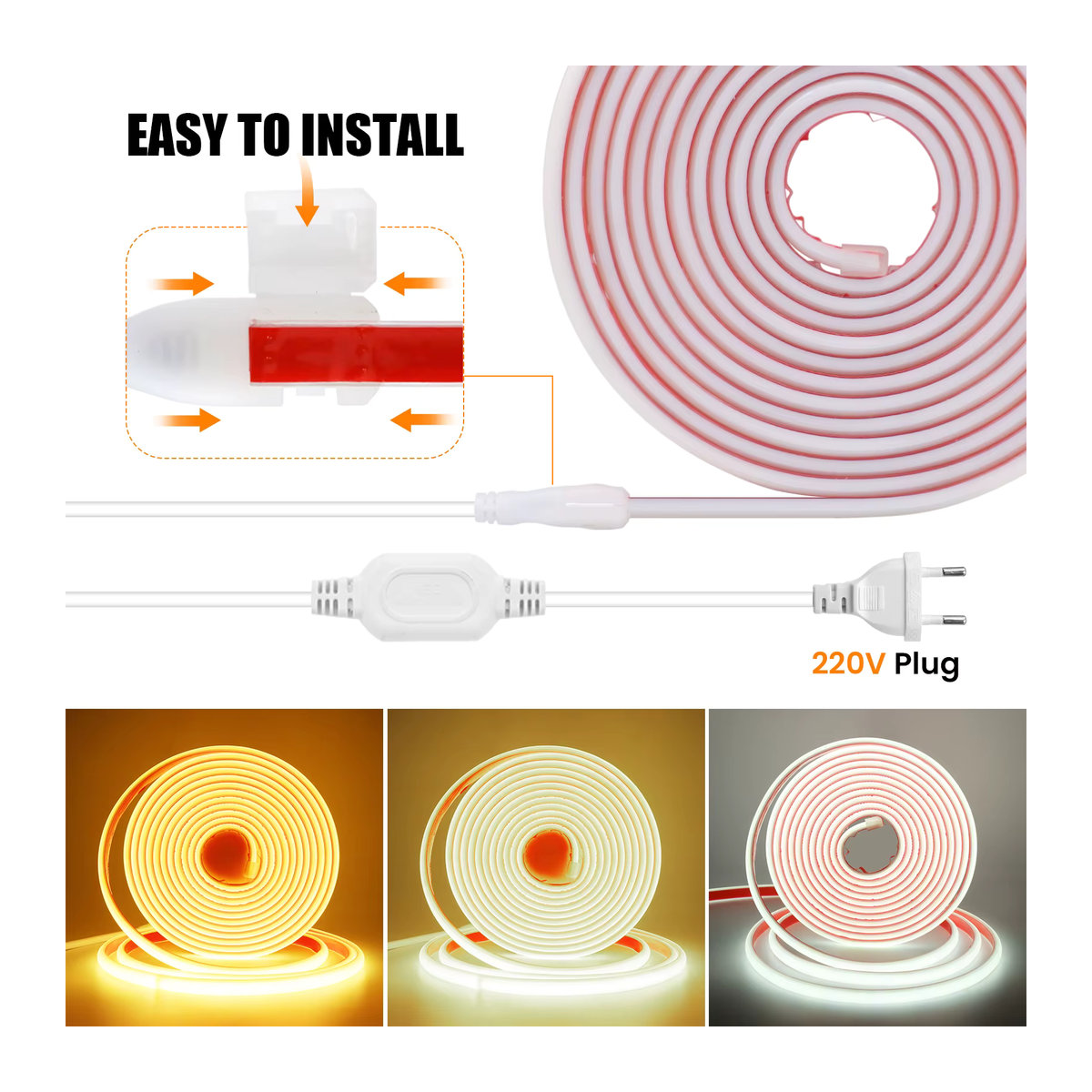 HEGEHE Dimmbares COB LED-Streifenband IP65 Wasserdicht mit 288 LEDs für Außen und Innen, 220V Selbstklebendes Neonlicht für Garten, Küche und Zimmer - Bild 3