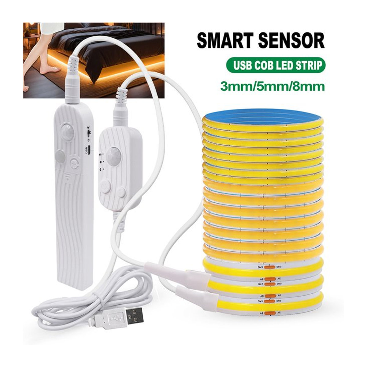 HEGEHE LED-COB Lichtleiste mit Bewegungsmelder, batteriebetrieben und USB-Anschluss, Weiß, Kaltweiß, Minimalistisches Design für Schrank, Küche und Treppe - Bild 1