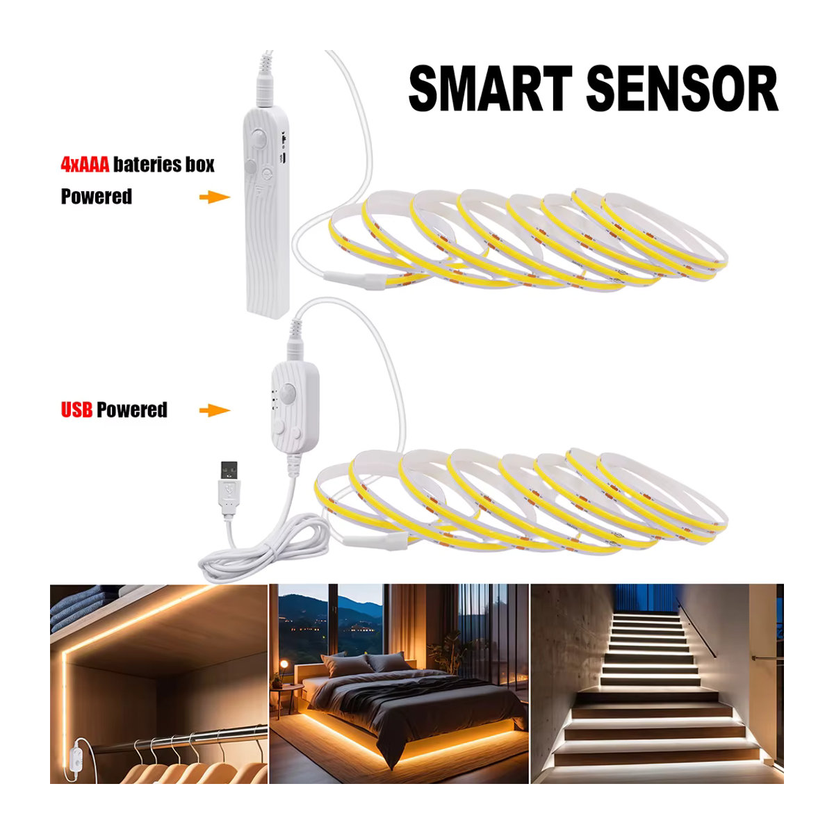 HEGEHE LED-COB Lichtleiste mit Bewegungsmelder, batteriebetrieben und USB-Anschluss, Weiß, Kaltweiß, Minimalistisches Design für Schrank, Küche und Treppe - Bild 4
