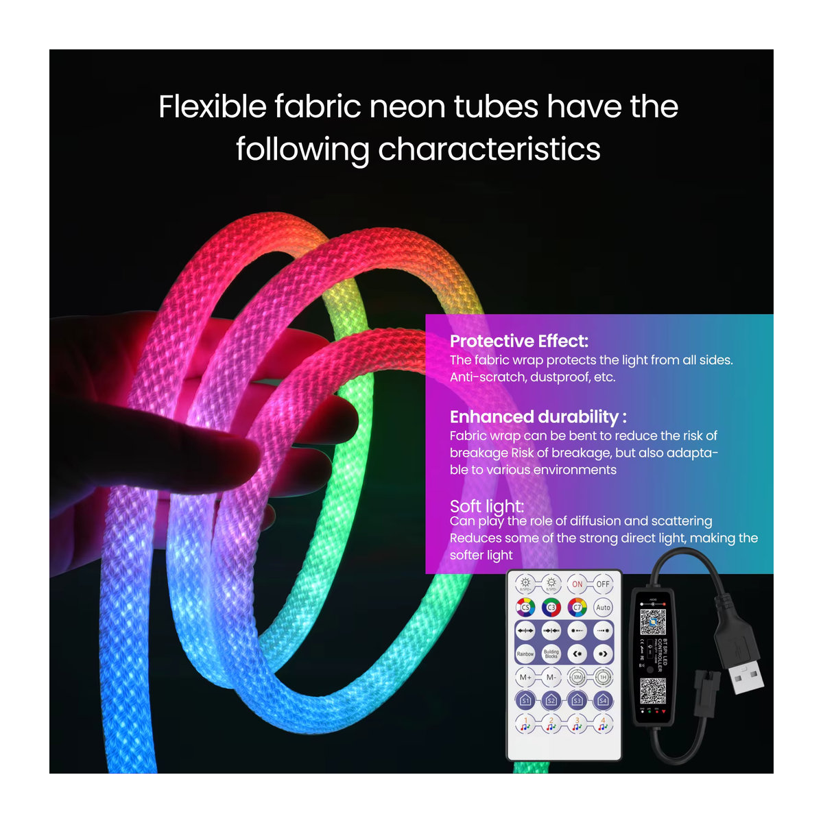 HEGEHE RGBIC LED-Streifen Rund, adressierbares Silikonband WS2812B WS2811, DC 5 V, IP67 wasserfest, 360 Grad flexibel - Bild 3