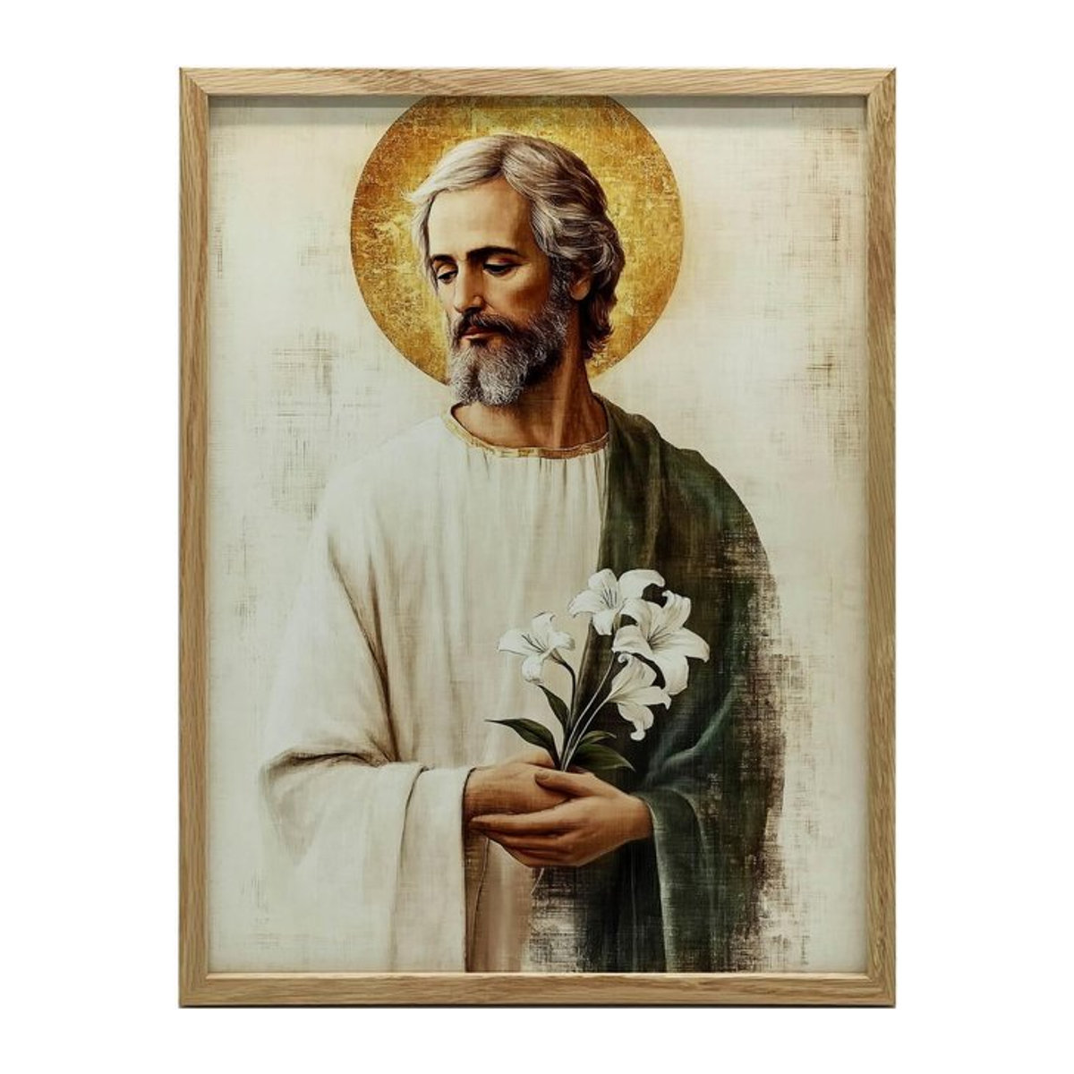 Heiliger Josef mit Lilienstrauß Wandbild von Marcin Zbijowski in Gold mit Aluminiumrahmen, B: 50 cm, H: 70 cm - Bild 1