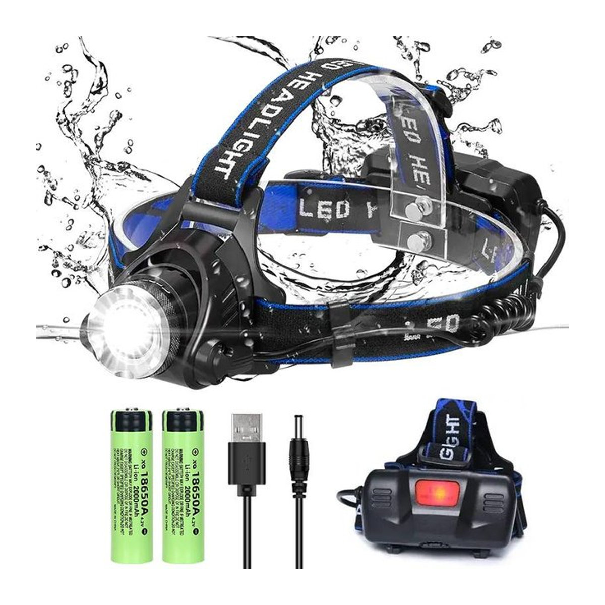 Heinast T6-LED-Stirnlampe mit Zoom und 3 Modi, wiederaufladbare Taschenlampe inklusive 2 x 18650-Akku via USB - Bild 1