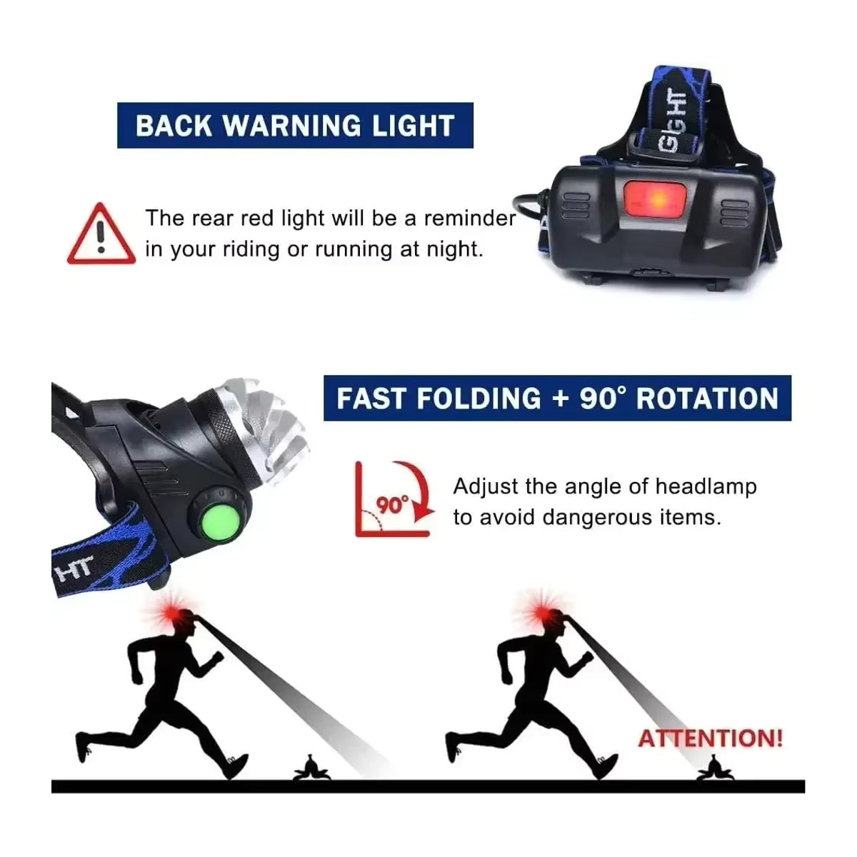 Heinast T6-LED-Stirnlampe mit Zoom und 3 Modi, wiederaufladbare Taschenlampe inklusive 2 x 18650-Akku via USB - Bild 5