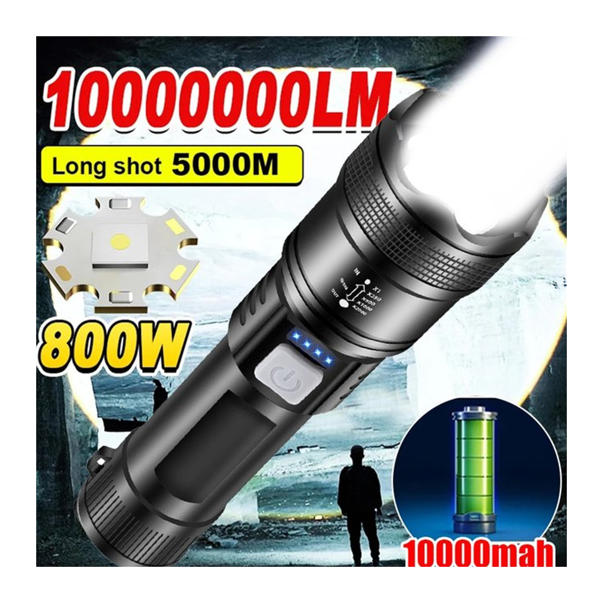 Heinast Taktische P70-LED-Taschenlampe mit 5000 lm, Ultrahelles Licht mit Teleskop-Zoom und eingebautem 18650-Akku - Bild 1