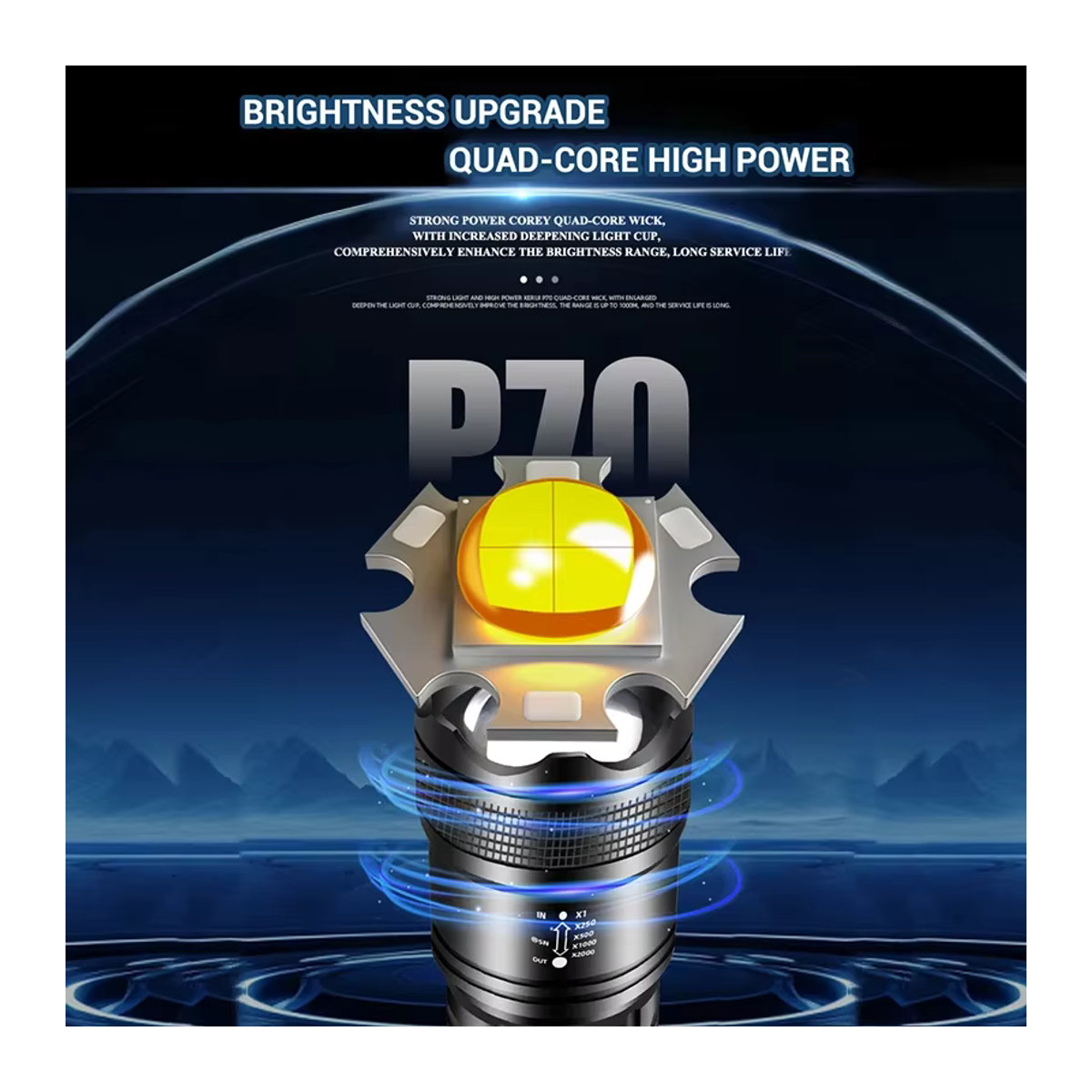 Heinast Taktische P70-LED-Taschenlampe mit 5000 lm, Ultrahelles Licht mit Teleskop-Zoom und eingebautem 18650-Akku - Bild 2