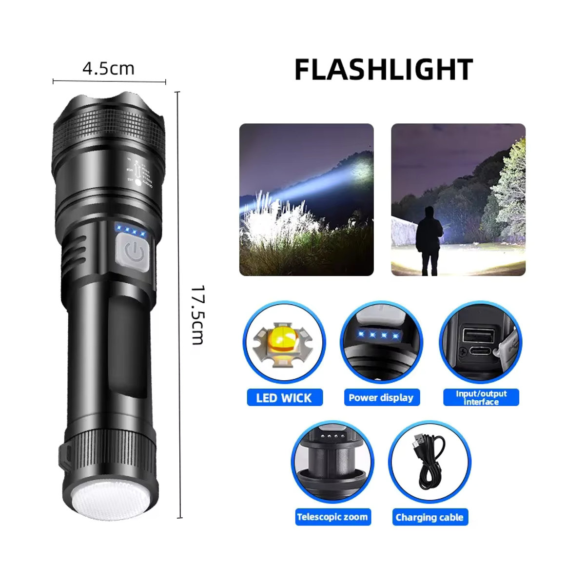 Heinast Taktische P70-LED-Taschenlampe mit 5000 lm, Ultrahelles Licht mit Teleskop-Zoom und eingebautem 18650-Akku - Bild 5