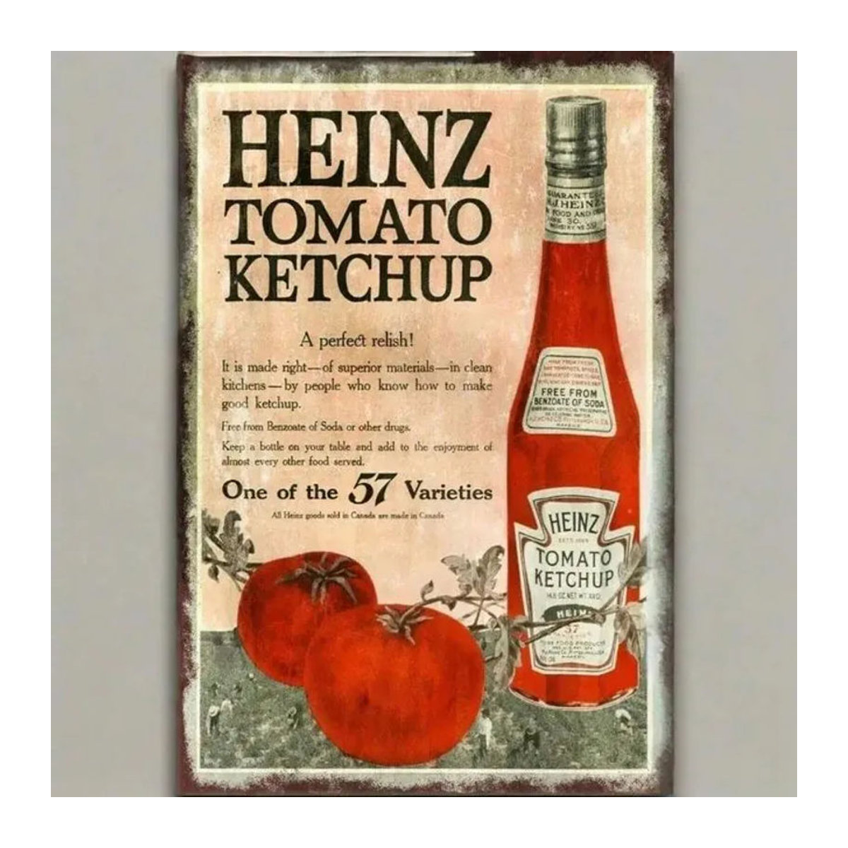 Heinz Vintage Ads Metall Werbeschild Heinz Tomato Ketchup in mehrfarbigem Retro-Design, rechteckig, B: 30 cm, H: 20 cm - Bild 1
