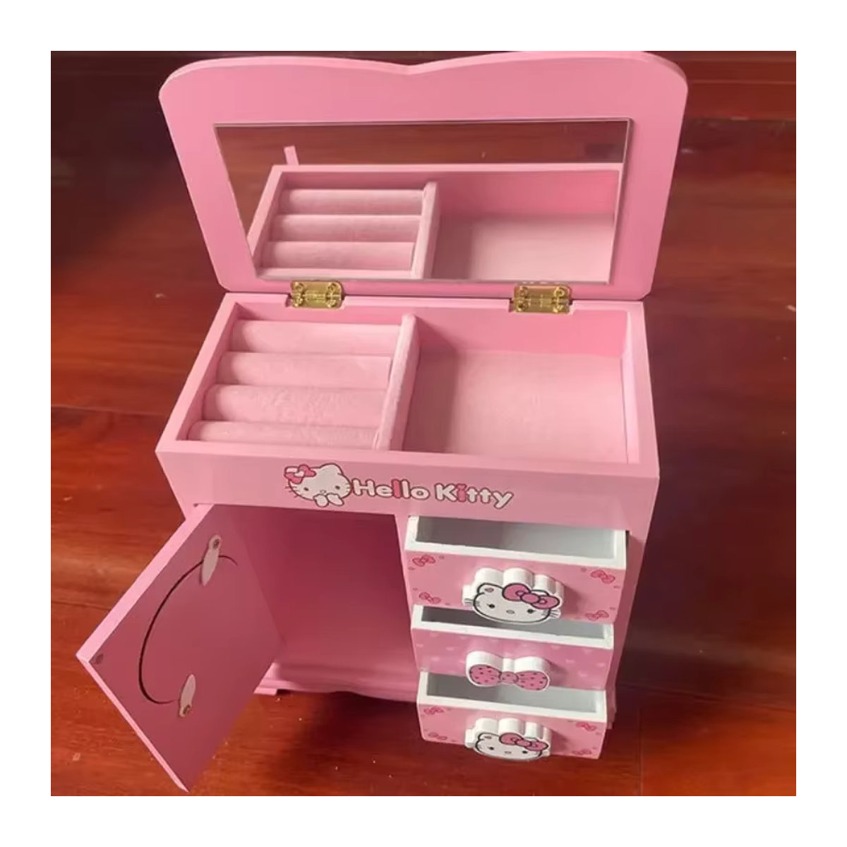Hello Kitty Kuromi Schmuck Aufbewahrungsbox aus Holz in Rosa als Desktop Organizer - Bild 3
