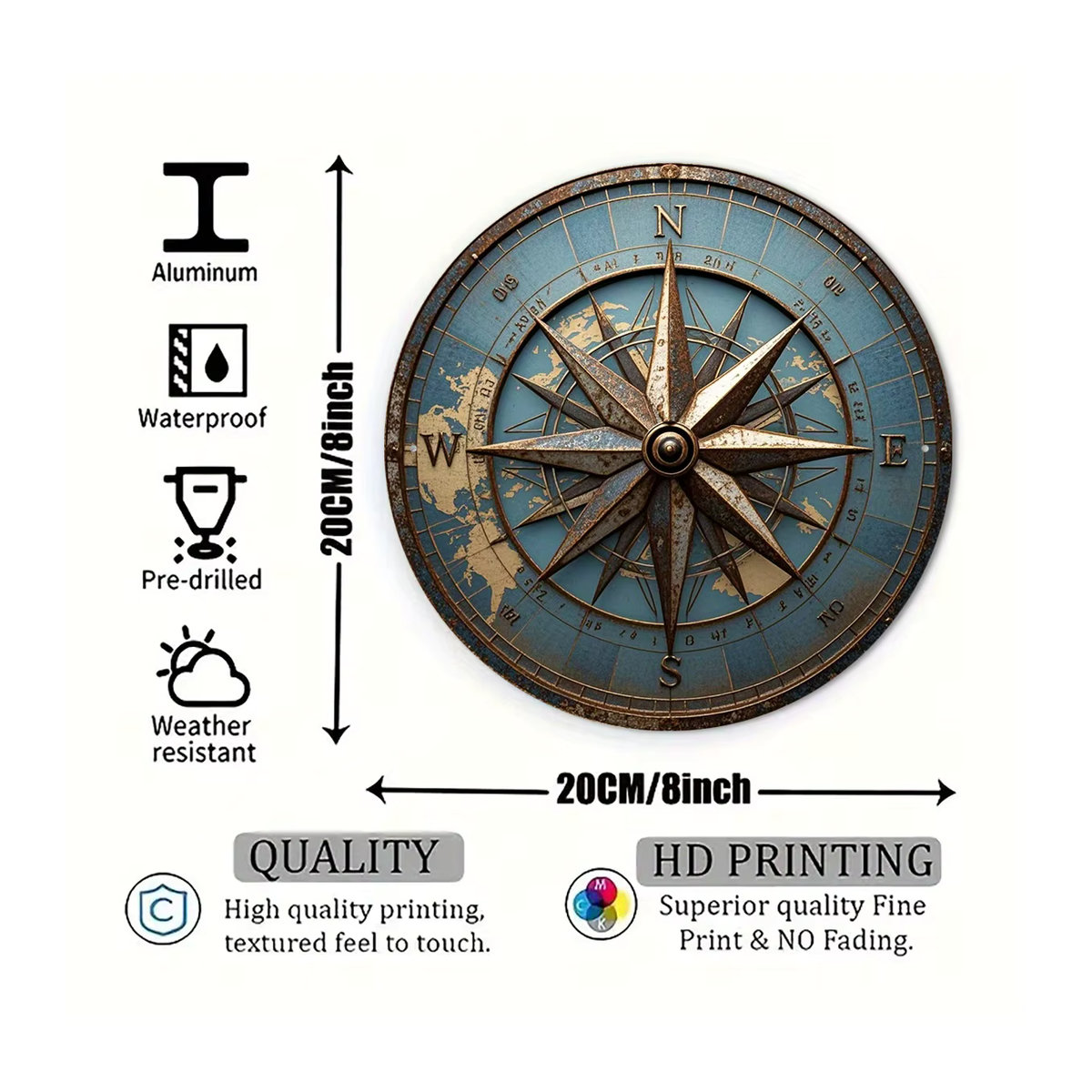 HELLOYOUNG Antikes Kompass Wandkunst-Dekor aus Metall in Blau, rundes Vintage-Aluminiumschild, Durchmesser: 20,3 cm - Bild 2