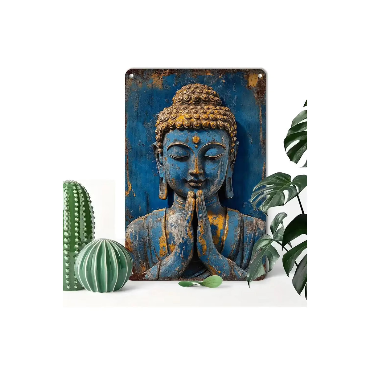 HELLOYOUNG Buddha Wanddekoration aus Weißblech als Deko-Teller im Bauernhof-Stil, B/H: 20 x 20 cm - Bild 4