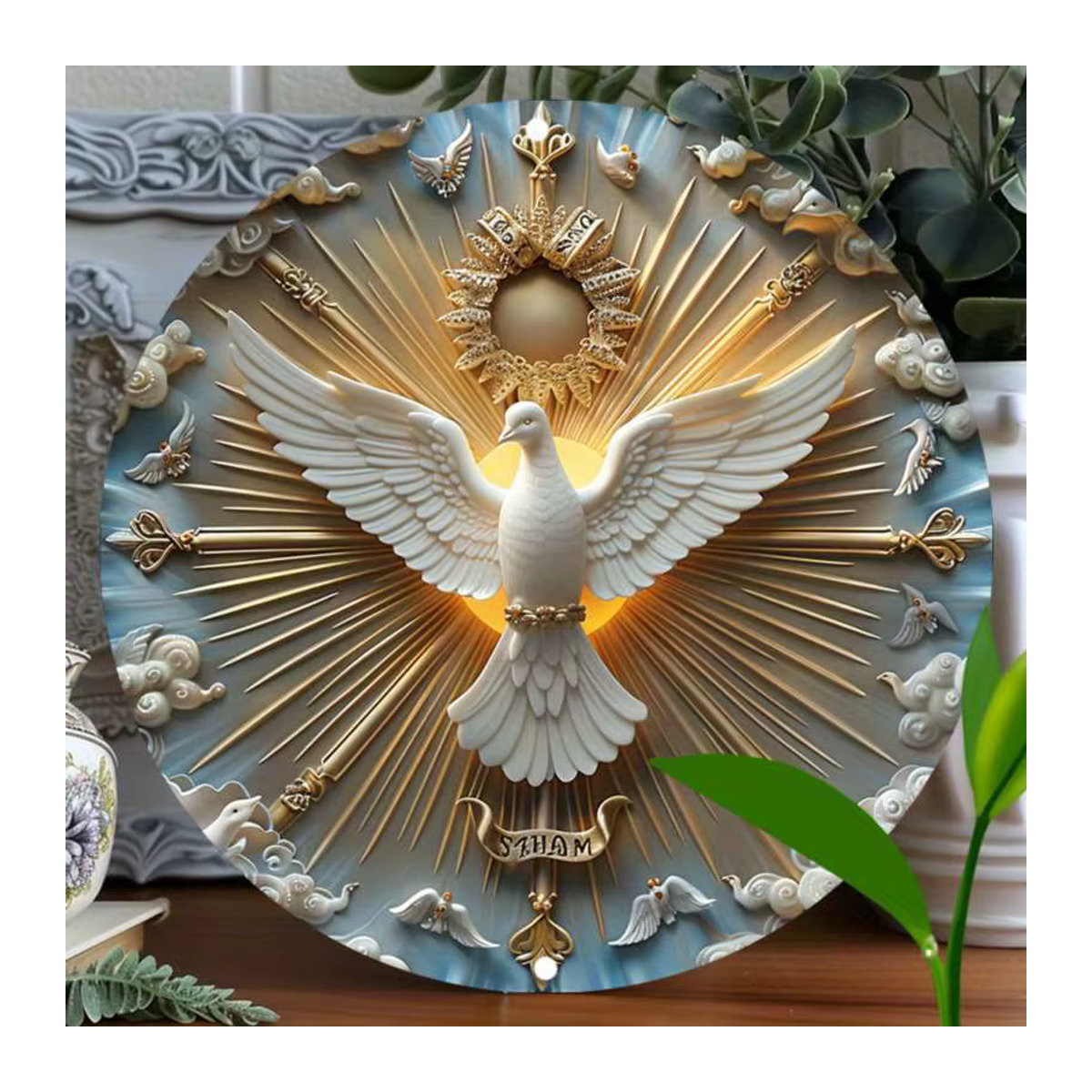 HELLOYOUNG Christ the Spirit Dove Wandkunst aus Metall in Gold mit 3D-Reliefeffekt, quadratischer Wandbehang im abstrakten Design, B/B: 20,3 x 20,3 cm - Bild 3