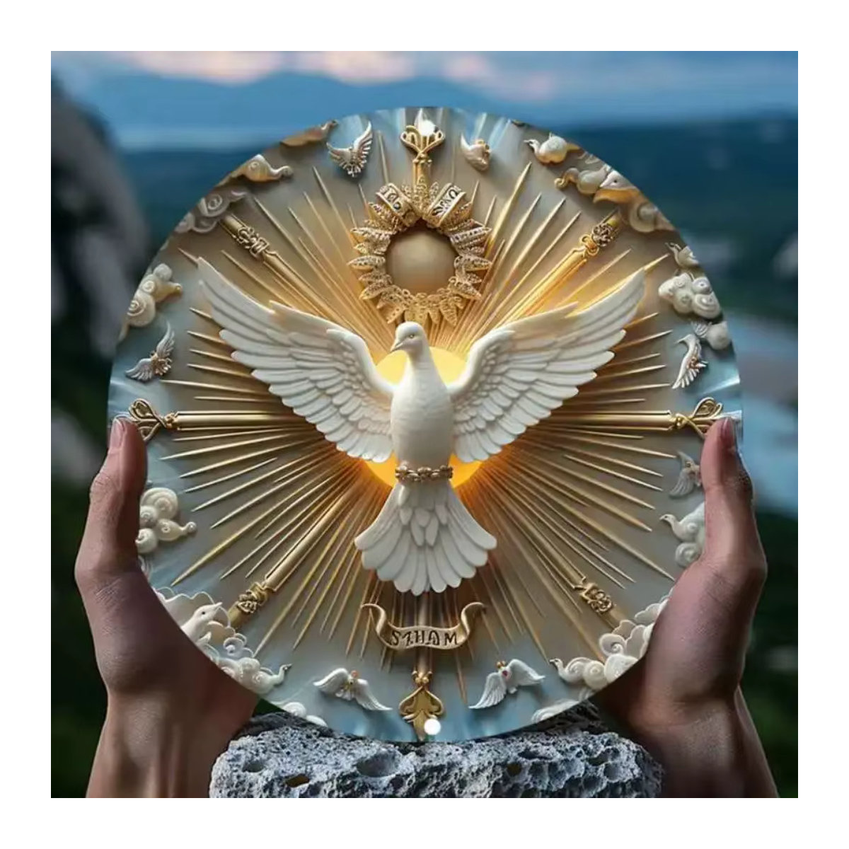 HELLOYOUNG Christ The Spirit Dove Wandkunst aus Metall in Weiß, 3D-Relief Wanddeko, quadratisch, B/H: 20,3 x 20,3 cm - Bild 3