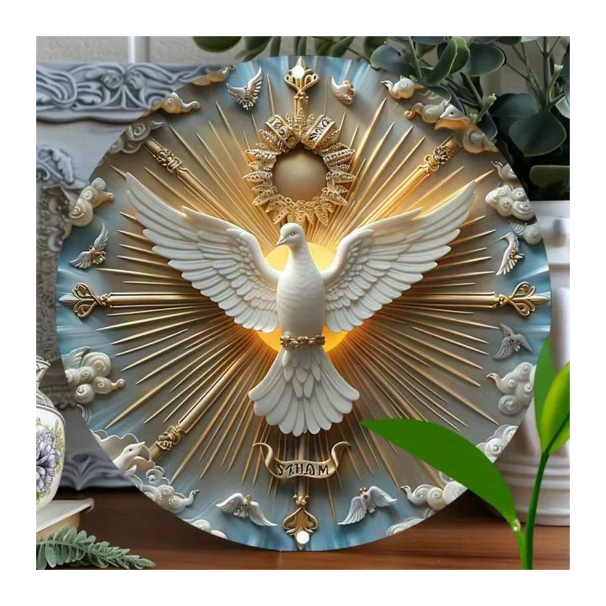 HELLOYOUNG Christ The Spirit Dove Wandkunst aus Metall in Weiß, 3D-Relief Wanddeko, quadratisch, B/H: 20,3 x 20,3 cm - Bild 4