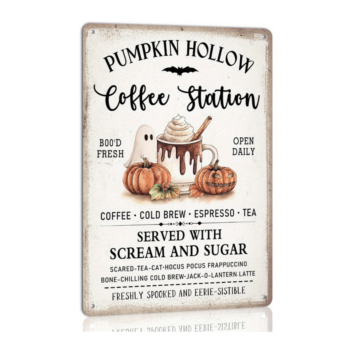 HELLOYOUNG Halloween Metallschild Kürbis Kaffee-Station Vintage Deko Weiß - Bild 1