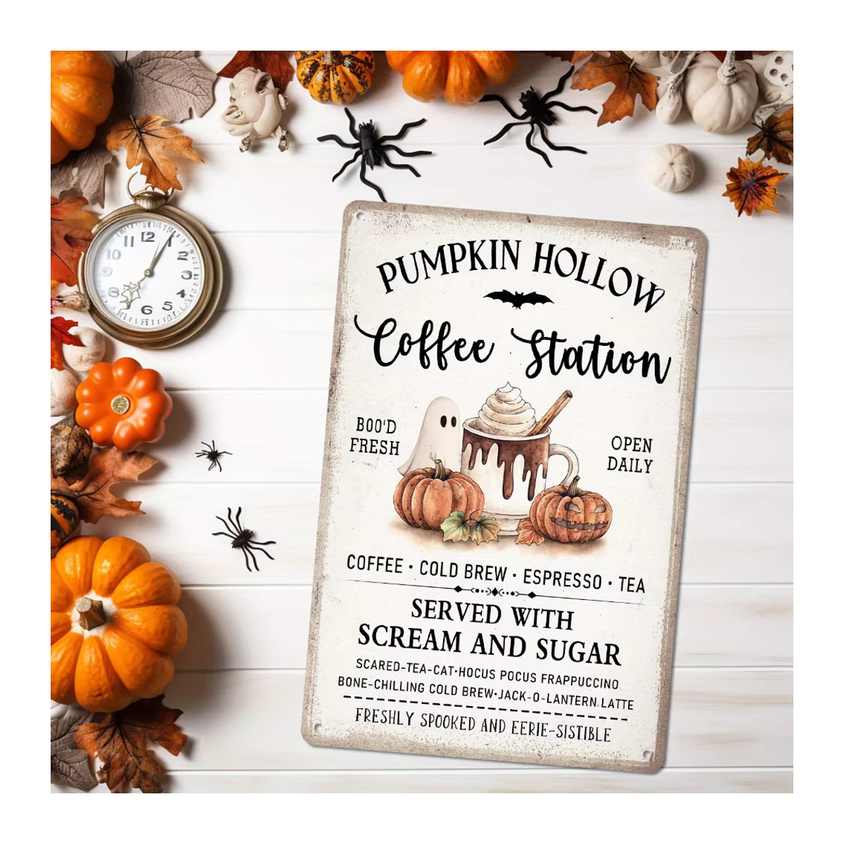 HELLOYOUNG Halloween Metallschild Kürbis Kaffee-Station Vintage Deko Weiß - Bild 2
