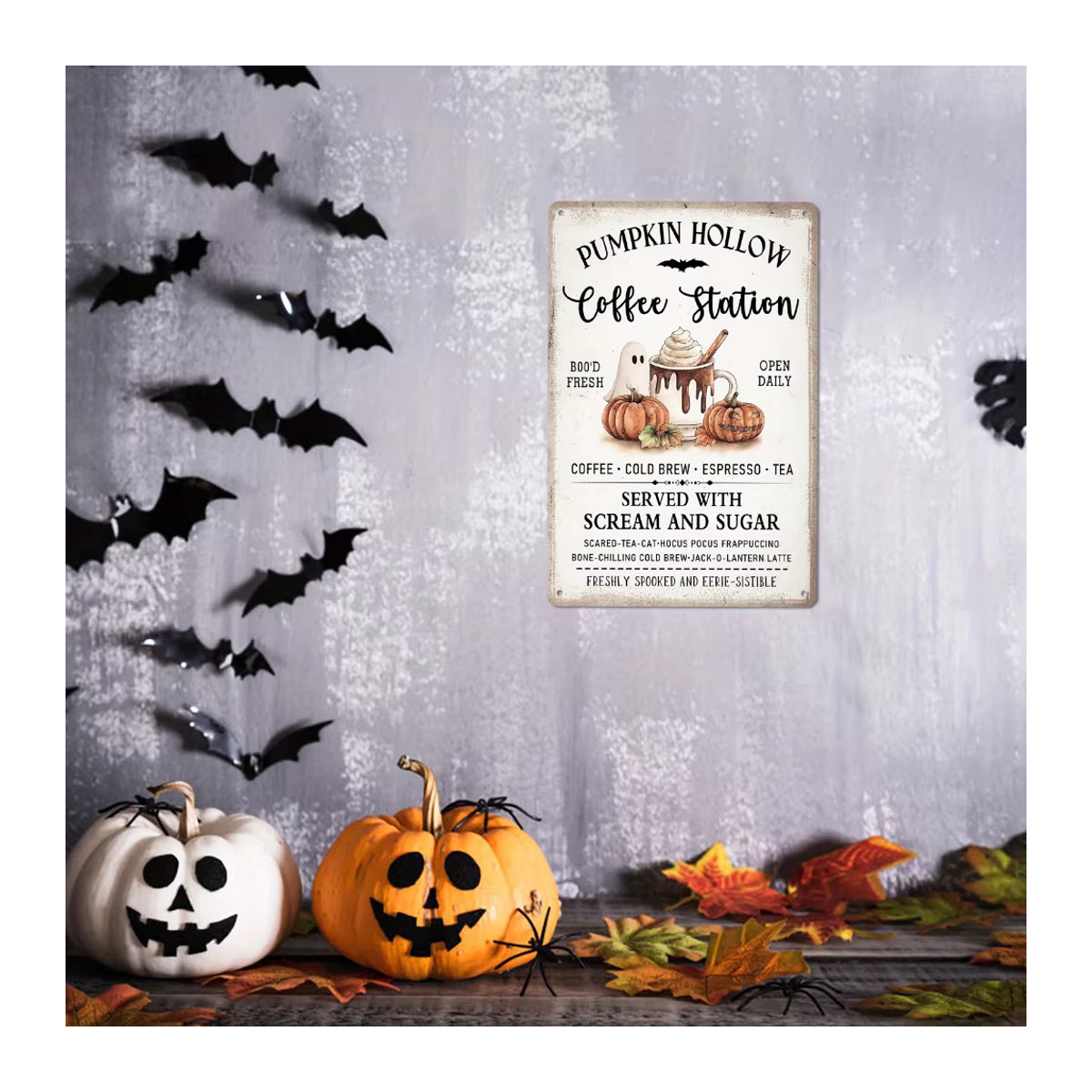 HELLOYOUNG Halloween Metallschild Kürbis Kaffee-Station Vintage Deko Weiß - Bild 6