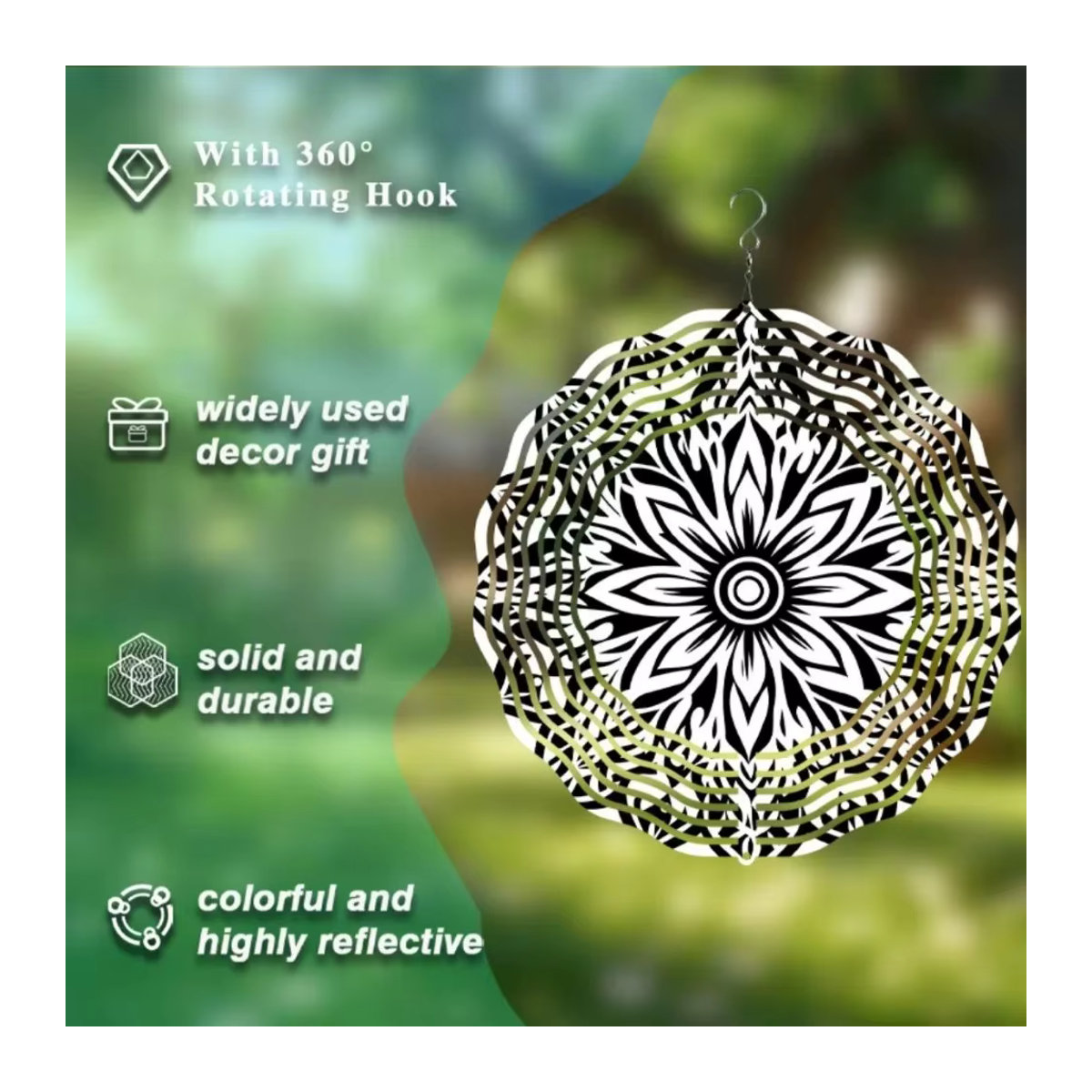 HELLOYOUNG HarmonySpin Mandala-Windspiel aus Metall in Schwarz-Weiß, 360° rotierend für Garten, Terrasse und Balkon - Bild 3
