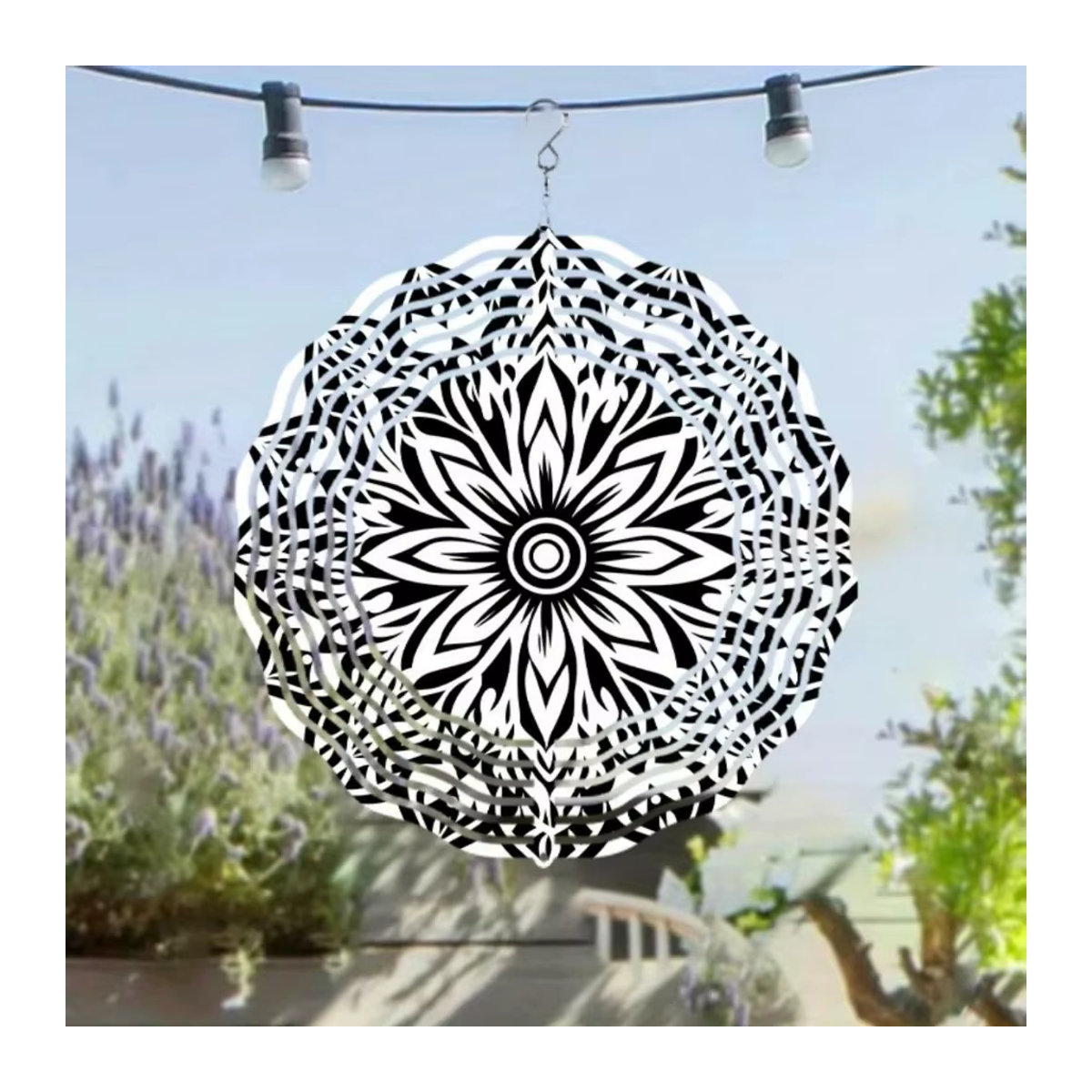 HELLOYOUNG HarmonySpin Mandala-Windspiel aus Metall in Schwarz-Weiß, 360° rotierend für Garten, Terrasse und Balkon - Bild 4