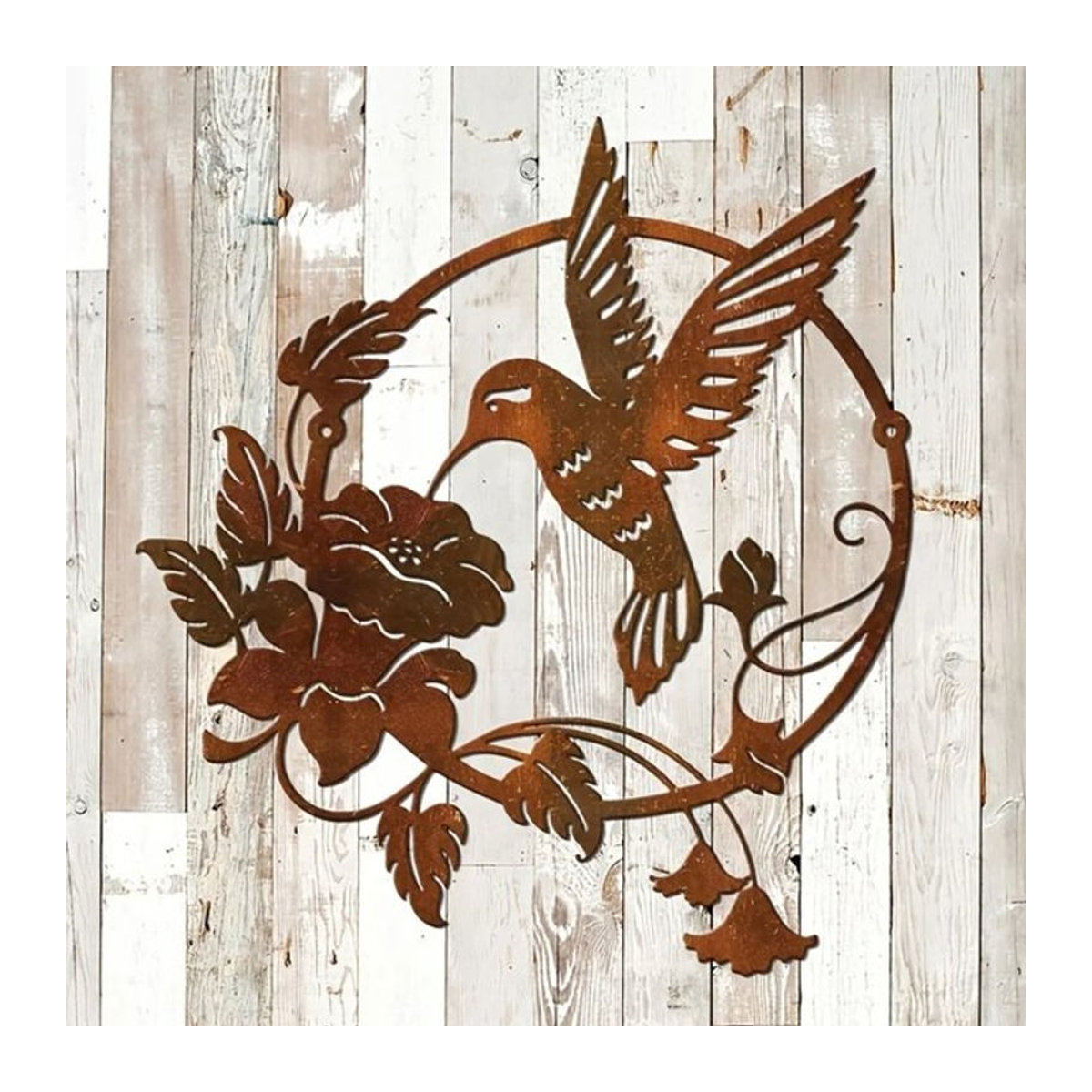 HELLOYOUNG Rundes Metall-Ornament mit Kolibri-Motiv in Braun als rustikaler Hänger für Wohnzimmer und Innenhof - Bild 1