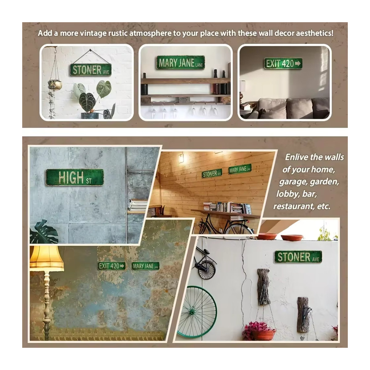 HELLOYOUNG Vintage Country Retro Stoner Avenue Straßenschild aus Metall in Grün, Wanddekoration, B: 40 cm, H: 10 cm - Bild 6