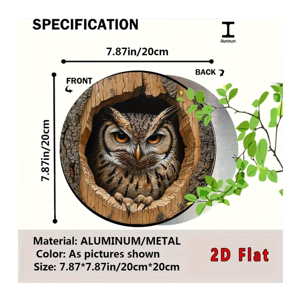 HELLOYOUNG Vintage Eulen-Rundkunst aus Metall: Ästhetisches 2D-Flachmetalldekor im Animal-Print Design, rund, mehrfarbig - Bild 2